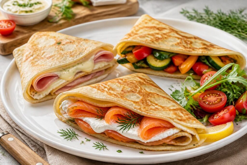 découvrez nos recettes savoureuses de crêpes salées fourrées au jambon, légumes frais et saumon pour des repas gourmands et faciles à préparer.