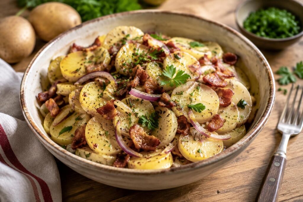 découvrez la recette traditionnelle du kartoffelsalat, la salade de pommes de terre allemande, savoureuse et facile à préparer.