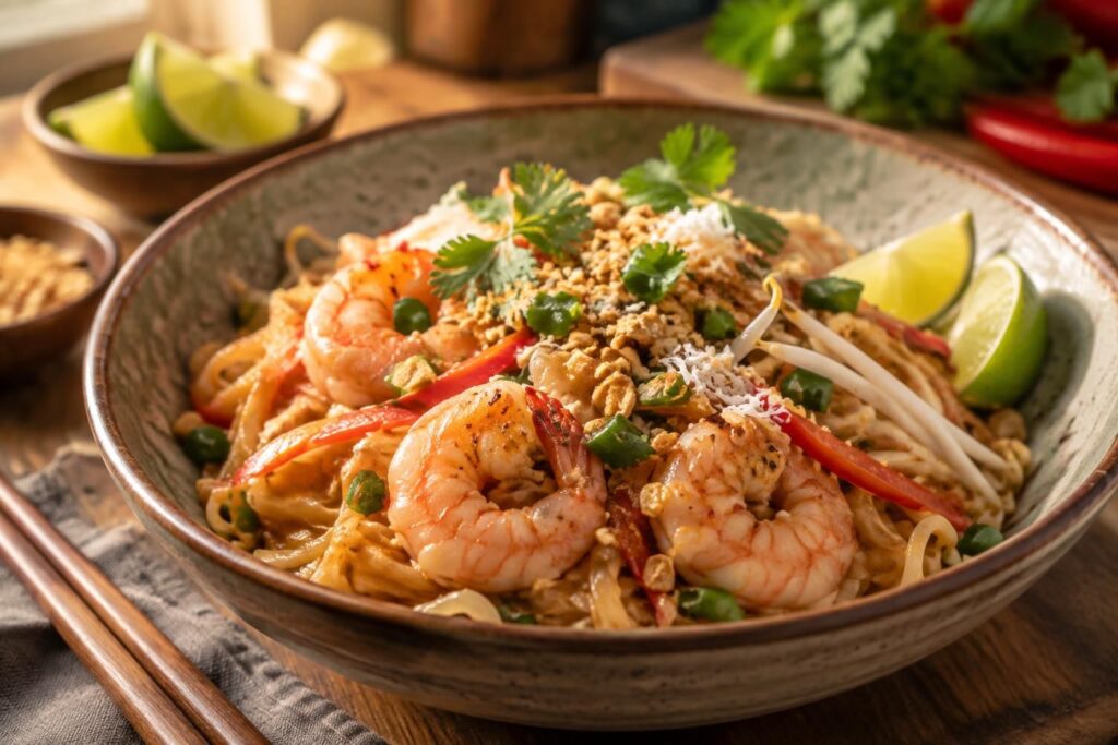découvrez une recette de nouilles thaï aux crevettes et au lait de coco, une version savoureuse et crémeuse du pad thaï à préparer facilement.