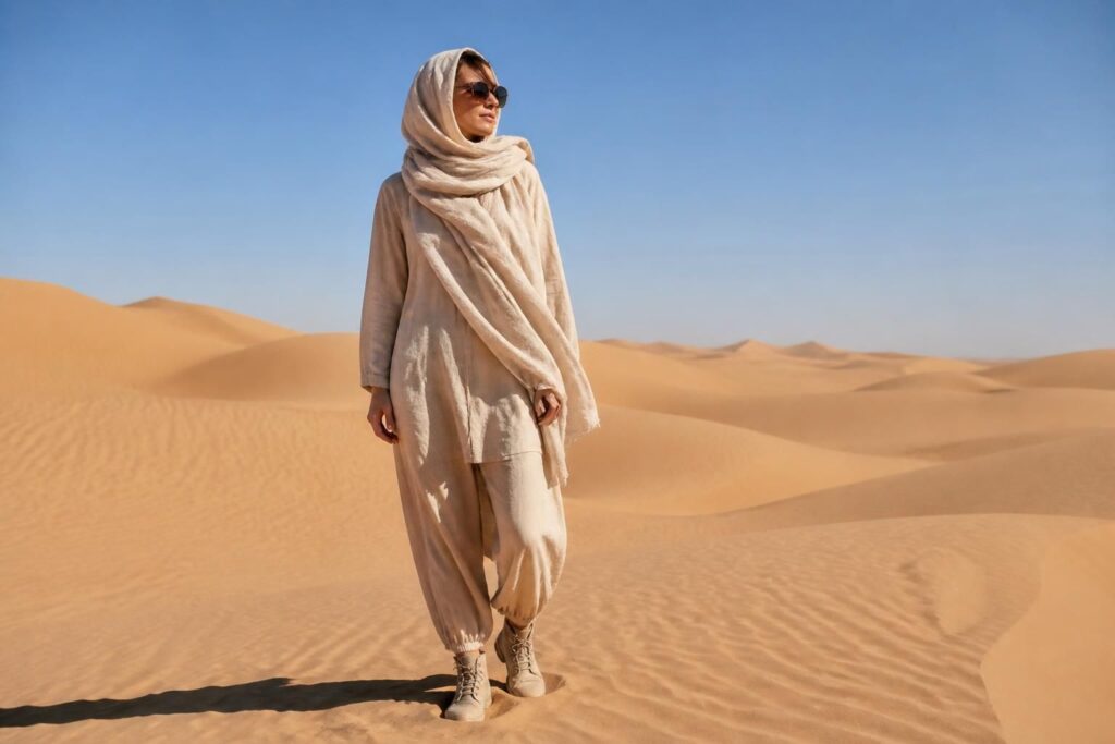 découvrez des vêtements femmes spécialement conçus pour le désert : tenues légères, protectrices et adaptées pour affronter les conditions extrêmes du sahara et au-delà.