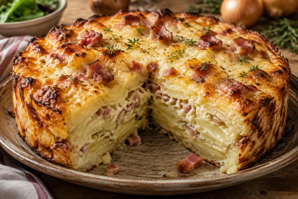 découvrez une recette facile de gâteau de pommes de terre aux lardons, oignons et fromage, doré au four et plein de saveurs.