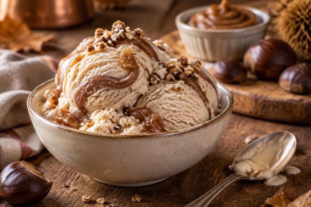 découvrez une recette facile de glace à la crème de marron, onctueuse et gourmande, à préparer sans sorbetière pour un dessert plein de douceur.