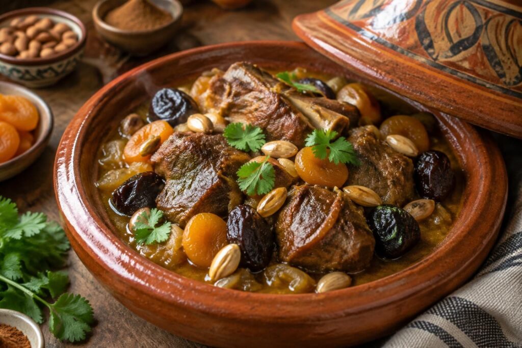découvrez une recette traditionnelle de tajine d’agneau au four, mijoté avec des épices et garni d’abricots ou de pruneaux pour un plat généreux et parfumé.